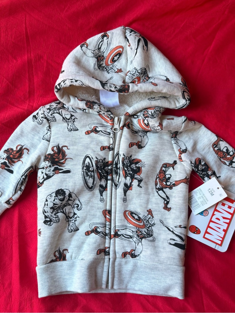 Marvel Kids Light Gray Hoodie with Black and Red Superhero Print